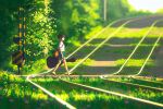  1girl absurdres bysau day highres original outdoors overgrown railroad_tracks scenery short_hair solo 