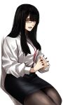  1girl bangs black_hair blush breasts collared_shirt fingers_together glasses grey_eyes hair_between_eyes highres hoshi_san_3 long_hair long_sleeves looking_at_viewer mole mole_under_eye open_mouth original pantyhose shirt simple_background sitting skirt solo upper_body white_background white_shirt wing_collar 