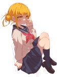  1girl :/ absurdres arm_support backlighting beige_cardigan black_footwear black_legwear blonde_hair blue_sailor_collar blue_skirt blush boku_no_hero_academia cardigan chair closed_mouth double_bun eyebrows_visible_through_hair from_side frown hand_on_own_cheek hand_on_own_face hand_up highres kneehighs knees_up loafers long_sleeves looking_at_viewer looking_to_the_side messy_hair neckerchief on_chair pleated_skirt rasusurasu red_neckerchief sailor_collar school_chair school_uniform serafuku shoes simple_background sitting skirt sleeves_past_wrists solo toga_himiko v-shaped_eyebrows white_background 