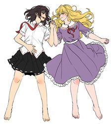  2girls absurdres bare_legs barefoot black_skirt blonde_hair blush brown_eyes brown_hair closed_mouth collared_dress collared_shirt commentary_request dress eyebrows_visible_through_hair frilled_dress frilled_sleeves frills highres holding_hands korean_commentary kuya_(hey36253625) long_hair maribel_hearn multiple_girls necktie open_mouth pleated_skirt purple_dress red_necktie red_ribbon ribbon ribbon-trimmed_shirt ribbon-trimmed_skirt ribbon-trimmed_sleeves ribbon_trim shirt short_sleeves simple_background skirt smile teeth touhou unfinished upper_teeth usami_renko white_background white_shirt yellow_eyes 