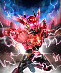  1boy armor build_driver driver electricity flying gloves ground_vehicle hazard_trigger highres incoming_attack incoming_punch kamen_rider kamen_rider_build kamen_rider_build_(series) leg_up male_focus military military_vehicle motor_vehicle power_armor powering_up punching rabbit rabbit+rabbit_form red_eyes rider_belt ryukawa tokusatsu 