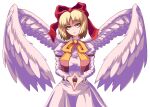  1girl bangs belt blonde_hair bow bowtie breasts brown_belt buttons collared_dress commission dress english_commentary eyebrows_visible_through_hair feathers gengetsu_(touhou) hair_bow highres juliet_sleeves large_breasts long_sleeves looking_at_viewer nukekip open_clothes open_mouth open_vest orange_bow orange_bowtie own_hands_together pink_dress pink_vest puffy_sleeves red_bow short_hair simple_background solo standing touhou touhou_(pc-98) vest white_background wings 