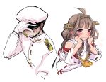  1boy 1girl absurdres admiral_(kancolle) ahoge blush brown_hair detached_sleeves double_bun epaulettes gloves hairband hat headgear highres japanese_clothes kantai_collection kongou_(kancolle) kongou_kai_ni_(kancolle) long_hair lr_hijikata military military_uniform naval_uniform nontraditional_miko peaked_cap ribbon-trimmed_sleeves ribbon_trim uniform violet_eyes white_gloves white_headwear 