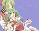  1boy 1girl arch_bishop_(ragnarok_online) arm_around_neck bangs blue_eyes blush bow breasts cake cake_slice cleavage_cutout closed_eyes clothing_cutout coat commentary_request couple cross dress earrings eyebrows_visible_through_hair eyes_visible_through_hair feet_out_of_frame flower food fork green_hair hair_between_eyes hair_bow hair_flower hair_ornament hetero high_priest_(ragnarok_online) holding holding_fork holding_plate jewelry juliet_sleeves layered_clothing long_hair long_sleeves medium_breasts medium_hair open_mouth pink_bow plate pointy_ears puffy_sleeves purple_background ragnarok_online red_bow red_coat sash stud_earrings thigh-highs tsuki_miso two-tone_coat two-tone_dress white_coat white_dress white_flower white_legwear yellow_sash 