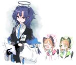  3girls bangs black_gloves black_suit blue_archive blue_necktie blush cat_ear_headphones cat_tail closed_eyes collared_shirt crying gloves green_eyes hair_between_eyes half_gloves halo headphones highres holding id_card jacket looking_at_another looking_down medium_hair midori_(blue_archive) momoi_(blue_archive) multiple_girls nasu_bacon necktie no_mouth off_shoulder open_mouth orange_hair own_hands_together parted_bangs parted_lips purple_hair red_pupils shirt siblings tail tears twins twintails upper_body violet_eyes wavy_mouth white_jacket white_shirt yuuka_(blue_archive) 