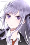  1girl bangs black_jacket black_ribbon braid closed_mouth collared_shirt danganronpa:_trigger_happy_havoc danganronpa_(series) eyebrows_visible_through_hair gloves hair_ribbon highres jacket kirigiri_kyouko long_hair looking_at_viewer mochinishi_umashi necktie portrait purple_hair red_necktie ribbon shirt solo violet_eyes white_shirt 