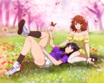  2girls ass black_hair black_legwear brown_hair bug butterfly day dress flower forest grass hibike!_euphonium highres kousaka_reina lap_pillow long_hair lying multiple_girls nature on_back oumae_kumiko outdoors sbel02 shoes short_hair sitting skirt socks strapless strapless_dress thigh-highs thighs tree violet_eyes white_legwear white_skirt yellow_dress yellow_eyes 