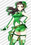  1girl bangs boots bow breasts brown_hair closed_mouth contrapposto diagonal_stripes dolphin_shorts fingerless_gloves floating_hair gloves green_bow green_footwear green_gloves green_headwear green_shirt green_shorts hair_bow hat idolmaster idolmaster_million_live! kitazawa_shiho long_hair looking_at_viewer medium_breasts midriff mini_hat navel shiny shiny_hair shirt short_shorts shorts sleeveless sleeveless_shirt smile solo standing stomach striped striped_background swept_bangs thigh-highs thigh_boots thigh_strap touon white_legwear yellow_eyes zettai_ryouiki 