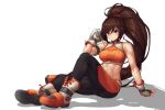  1girl abs absurdres bandaid bandaid_on_face bangs blush boots breasts brown_eyes brown_hair closed_mouth dated_commentary dungeon_and_fighter fighter_(dungeon_and_fighter) fingerless_gloves gloves high_ponytail highres holding holding_towel jjilbabmaen large_breasts looking_at_viewer midriff muscular muscular_female navel shadow simple_background sitting smile solo sportswear sweat towel white_background 