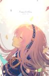  1girl backlighting black_shirt blurry blurry_foreground closed_eyes commentary confetti dated depth_of_field facing_up floating_hair from_side gold_trim hairband happy_birthday headphones highres long_hair megurine_luka oy0y0 parted_lips pink_hair shirt smile solo upper_body vocaloid 