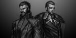  2boys absurdres adam_jensen beard berezovich_kryuger_(girls&#039;_frontline) coat coat_on_shoulders commentary_request cosplay costume_switch crossover deus_ex deus_ex:_human_revolution facial_hair fur-trimmed_coat fur_trim girls_frontline goatee gradient gradient_background greyscale highres jacket jing_meng_li looking_at_viewer male_focus military military_uniform monochrome multiple_boys necktie scar scar_on_face short_hair sunglasses uniform upper_body 
