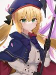  1girl ahoge artoria_pendragon_(caster)_(fate) artoria_pendragon_(fate) bangs belt black_gloves black_legwear blonde_hair blue_cape blush breasts buttons cape double-breasted dress fate/grand_order fate_(series) flower gloves green_eyes highres hood hooded_cape long_hair long_sleeves looking_at_viewer marimo_mdmg multicolored_cape multicolored_clothes pantyhose red_cape sitting small_breasts smile solo thighs twintails wariza white_dress 