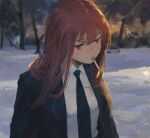  1girl artist_name black_jacket black_necktie blurry blurry_background chainsaw_man cigarette collared_shirt commentary dated day highres jacket long_hair makima_(chainsaw_man) necktie orange_eyes outdoors redhead shirt smoking snow solo suit_jacket tree upper_body white_shirt xilmo 