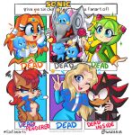 2boys 4girls absurdres annoyed arm_around_shoulder blonde_hair blue_dress blue_eyes blue_hairband chao_(sonic) cosmo_(sonic) dress english_commentary english_text flower frown furry furry_female furry_male hairband highres holding holding_flower infinite_(sonic) looking_to_the_side maria_robotnik multiple_boys multiple_girls one_eye_closed pink_flower pink_rose red_eyes redhead rose sally_acorn shadow_the_hedgehog six_fanarts_challenge smile sonic_(series) sonic_adventure sonic_forces sonic_the_hedgehog_(archie_comics) sonic_x tikal_the_echidna v wizaria