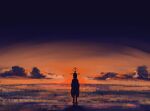  1girl clouds commentary_request highres kantai_collection kuragare machinery miyuki_(kancolle) ocean orange_sky rigging sky standing standing_on_liquid sunset torpedo_launcher 