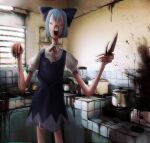  1girl artist_name bangs blood blood_drip blood_on_wall blue_bow blue_dress blue_hair bow ceiling christmas cirno counter cowboy_shot dress fingernails flat_chest guro hair_bow hands_up holding holding_knife horror_(theme) indoors kitchen knife long_fingernails long_neck looking_at_viewer neck_ribbon no_eyebrows open_mouth pinafore_dress pot puffy_short_sleeves puffy_sleeves red_ribbon ribbon sharp_fingernails sharp_teeth short_hair short_sleeves skullchimes solo standing teeth touhou upper_teeth wall wing_collar 