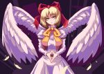  1girl bangs belt blonde_hair bow bowtie breasts brown_belt buttons collared_dress commission dress english_commentary eyebrows_visible_through_hair feathers gengetsu_(touhou) hair_bow highres juliet_sleeves large_breasts long_sleeves looking_at_viewer nukekip open_clothes open_mouth open_vest orange_bow orange_bowtie own_hands_together pink_dress pink_vest puffy_sleeves purple_background red_bow short_hair solo standing touhou touhou_(pc-98) vest wings 