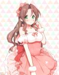  1girl aerith_gainsborough alternate_costume blush bow breasts brown_hair choker dated dress final_fantasy final_fantasy_vii food fruit green_eyes hair_bow krudears long_hair looking_at_viewer solo star_(symbol) strawberry 