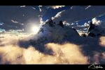  above_clouds artist_name blue_sky clouds commentary_request day lens_flare letterboxed mountain no_humans original outdoors scenery signature sky snow sunlight waisshu_(sougyokyuu) 