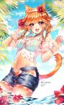  1girl adjusting_clothes adjusting_headwear animal_ears aqua_bikini artist_name bangs bikini blurry blurry_foreground braid breasts cat_ears cat_girl cat_tail choker clouds collarbone colorful cowboy_shot curled_fingers english_commentary eyebrows_visible_through_hair flower frilled_cuffs frilled_sleeves frills hair_flower hair_ornament hand_up headband hibiscus highres hololive hololive_english kira_yukishiro lips looking_at_viewer medium_breasts navel open_clothes open_mouth open_shorts orange_hair outdoors parted_bangs pink_eyes pink_nails pixiv_id plant see-through_shirt shiny shiny_clothes shirt short_hair short_shorts short_sleeves shorts sky solo sparkle standing swimsuit tail takanashi_kiara teeth twin_braids twitter_username upper_teeth virtual_youtuber water wet wet_clothes white_headband white_shirt 