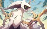  arceus clouds colored_sclera commentary_request day from_below green_sclera katsukare looking_down no_humans outdoors pokemon pokemon_(creature) red_eyes sky solo 