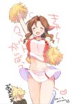  1boy 1girl aerith_gainsborough blonde_hair blush breasts brown_hair cheerleader cloud_strife final_fantasy final_fantasy_vii krudears long_hair midriff navel open_mouth panties pom_pom_(cheerleading) skirt sleeveless smile spiky_hair underwear 