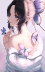  1girl absurdres artist_name back bangs black_hair bug butterfly butterfly_hair_ornament butterfly_on_hand commentary from_behind hair_ornament hand_up haori highres japanese_clothes kimetsu_no_yaiba kochou_shinobu looking_to_the_side medium_hair off_shoulder purple_butterfly revision sidelocks signature single_bare_shoulder solo tooku0 upper_body violet_eyes 