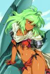  1girl armor breasts cowboy_shot crescens dark-skinned_female dark_skin emerada_(xenogears) fingerless_gloves gloves green_hair highres long_hair looking_to_the_side mecha midriff navel optionaltypo scarf shoulder_armor solo torn_clothes under_boob xenogears yellow_eyes 