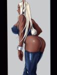 1girl animal_ears ass bangs black_leotard boku_no_hero_academia breasts closed_mouth commentary cowboy_shot dark-skinned_female dark_skin detached_collar english_commentary from_behind grey_background highleg highleg_leotard highres hihizaru_badass large_breasts leotard long_hair looking_afar mirko parted_bangs playboy_bunny rabbit_ears rabbit_tail red_eyes sidelocks silver_hair simple_background smile straight_hair strapless strapless_leotard tail thigh-highs thighs thong_leotard wrist_cuffs 