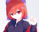  1girl :d absurdres bangs blue_bow blue_shirt blush bow cape donnon08 eyebrows_visible_through_hair grey_background hair_between_eyes hair_bow hand_up highres long_sleeves looking_at_viewer off_shoulder red_cape red_eyes redhead scar sekibanki shadow shirt short_hair simple_background smile solo touhou translation_request wing_collar 