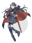  1girl bangs belt blue_eyes blue_hair boots cape eyebrows_visible_through_hair fingerless_gloves fire_emblem fire_emblem_awakening full_body gloves hair_between_eyes long_hair long_sleeves looking_at_viewer lucina_(fire_emblem) open_mouth ryon_(ryonhei) sheath sheathed solo sword thigh-highs thigh_boots tiara weapon white_background 
