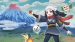  1girl :d akari_(pokemon) black_hair black_sash black_shirt clouds commentary_request cyndaquil day eyelashes grey_eyes grey_jacket grey_skirt head_scarf holding holding_poke_ball jacket kuuya_(kuya_ruo) long_hair mountain open_mouth oshawott outdoors pantyhose poke_ball poke_ball_(legends) pokemon pokemon_(creature) pokemon_(game) pokemon_legends:_arceus ponytail rowlet sash shirt sidelocks skirt sky smile starter_pokemon_trio teeth upper_teeth white_headwear 