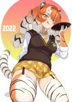  1girl 2022 :q animal_ear_fluff animal_ears animal_print arms_behind_back bangs black_hair blush bow breasts chinese_zodiac collared_shirt colored_inner_hair cup drink dutch_angle garter_straps gloves grey_hair hair_between_eyes hair_bow hand_up highres holding holding_cup japari_symbol kamuraaa_615 kemono_friends kneeling licking long_hair looking_at_viewer low-tied_long_hair medium_breasts microskirt multicolored_hair necktie orange_hair panties pantyshot plaid plaid_bow plaid_necktie plaid_skirt pleated_skirt print_gloves print_legwear sakazuki shirt siberian_tiger_(kemono_friends) skirt smile solo sweater_vest tail thigh-highs tiger_ears tiger_girl tiger_print tiger_tail tongue tongue_out twintails underwear white_panties white_shirt wing_collar year_of_the_tiger yellow_eyes yellow_necktie yellow_skirt 