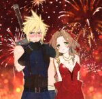  1boy 1girl aerith_gainsborough blonde_hair blush breasts brown_hair closed_mouth cloud_strife dress final_fantasy final_fantasy_vii final_fantasy_vii_remake fireworks green_eyes hair_ribbon jewelry krudears long_hair necklace ribbon smile sword weapon 