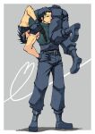  2boys angeal_hewley armor ass baggy_pants bangs belt black_hair blue_pants blue_shirt boots border carrying_over_shoulder crisis_core_final_fantasy_vii final_fantasy final_fantasy_vii full_body gloves grey_background hand_on_another&#039;s_back hand_on_hip looking_to_the_side male_focus medium_hair multiple_belts multiple_boys muscular muscular_male open_mouth pandabakajanai pants parted_bangs parted_lips shirt shoulder_armor sleeveless sleeveless_turtleneck smile spiky_hair suspenders turtleneck white_border zack_fair 