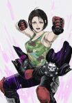  1girl ahoge breasts brown_eyes brown_hair camouflage camouflage_tank_top clothes_around_waist commentary_request gloves highres jacket jacket_around_waist kazama_akira looking_at_viewer medium_breasts open_mouth rival_schools short_hair solo street_fighter street_fighter_v tank_top tobita_nikiichi 