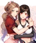  2girls aerith_gainsborough artist_name bangs black_gloves black_hair black_skirt breasts brown_hair collarbone crop_top cropped_jacket final_fantasy final_fantasy_vii final_fantasy_vii_remake gloves green_eyes hinoe_(dd_works) hug jacket large_breasts long_hair looking_at_viewer medium_breasts multiple_girls navel open_mouth ponytail red_eyes red_jacket shirt simple_background skirt smile suspender_skirt suspenders swept_bangs tifa_lockhart white_shirt 