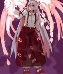  1girl baggy_pants bangs bow buttons collared_shirt commentary_request fire footwear_bow fujiwara_no_mokou full_body hair_bow long_hair long_sleeves looking_afar ofuda ofuda_on_clothes open_mouth orange_eyes pants red_footwear red_pants shirt shoes sleeve_garter solo suspenders touhou very_long_hair white_bow white_hair white_shirt yagi_noboru 