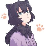  1girl animal_ears black_bow black_bowtie black_hair black_jaguar_(kemono_friends) blue_eyes blush bow bowtie center_frills commentary_request eyebrows_visible_through_hair frills fur_collar highres jaguar_ears jaguar_girl jaguar_print kemono_friends looking_at_viewer paw_print print_scarf purple_shirt scarf shirt short_hair solo tmtkn1 