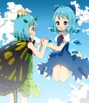  2girls antennae antidote aqua_hair bad_anatomy barefoot blue_bow blue_dress blue_eyes blue_hair blush bow butterfly_wings cirno clouds cloudy_sky detached_wings dress eternity_larva eyebrows_visible_through_hair fairy green_dress hair_between_eyes hair_bow ice ice_wings leaf leaf_on_head multicolored_clothes multicolored_dress multiple_girls open_mouth orange_eyes puffy_short_sleeves puffy_sleeves shirt short_hair short_sleeves sky smile touhou white_shirt wings 