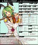  1boy :d animal_ears bangs blue_background blue_eyes brown_coat brown_pants character_profile checkered_background choker coat commentary_request cowboy_shot cross cross_choker earrings eyebrows_visible_through_hair fake_animal_ears green_hair hammer high_priest_(ragnarok_online) holding holding_hammer jewelry kine layered_clothing long_sleeves looking_at_viewer male_focus mallet medium_hair one_eye_closed open_mouth pants pointy_ears rabbit_ears ragnarok_online ragprof red_coat smile solo stud_earrings translation_request tsuki_miso two-tone_coat white_coat 