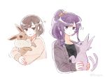  2girls ? ?? asahina_mafuyu bangs black_shirt bow braid brown_hair bumgae cardigan commentary_request eevee empty_eyes espeon fur_collar hair_bow high_ponytail highres holding holding_pokemon jacket jitome korean_commentary long_hair long_sleeves looking_at_animal looking_at_another multiple_girls pink_cardigan pokemon pokemon_(creature) project_sekai purple_hair purple_jacket shinonome_ena shirt sidelocks simple_background violet_eyes white_background white_bow 