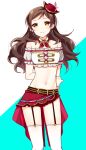  1girl arms_behind_back belt belt_buckle blue_background brown_hair buckle detached_collar earrings floating_hair garter_straps groin hat idolmaster idolmaster_million_live! idolmaster_million_live!_theater_days jewelry kitazawa_shiho long_hair looking_at_viewer microskirt midriff mini_hat navel off_shoulder red_headwear red_skirt shiny shiny_hair sketch skirt solo standing stomach thigh-highs touon two-tone_background white_background white_legwear yellow_eyes 