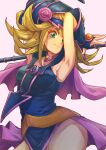  1girl ;d aosora5088 blonde_hair blush_stickers breasts choker commentary_request dark_magician_girl duel_monster eyelashes green_eyes hair_between_eyes hat long_hair pentagram smile solo upper_body vambraces wizard_hat yu-gi-oh! yu-gi-oh!_duel_monsters yuu-gi-ou yuu-gi-ou_duel_monsters 