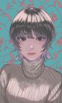  1girl bangs black_eyes black_hair breasts commentary_request earrings eyelashes highres jewelry lips looking_at_viewer medium_breasts mole mole_under_mouth necklace original parted_lips pearl_necklace short_hair solo sweater turtleneck turtleneck_sweater upper_body yottasun 