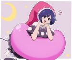 1girl black_capelet blue_eyes blue_hair blush border capelet commission crescent_moon doremy_sweet dream_soul eyebrows_visible_through_hair hair_between_eyes hat moon nightcap open_mouth pom_pom_(clothes) red_headwear shio_(futatsumami) short_hair skeb_commission smile solo star_(symbol) tail tapir_tail touhou white_border 