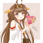  1girl ahoge box brown_hair cocoperino commentary_request dated detached_sleeves double_bun grey_eyes headgear heart japanese_clothes kantai_collection kongou_(kancolle) long_hair looking_at_viewer one-hour_drawing_challenge ribbon-trimmed_sleeves ribbon_trim solo twitter_username upper_body 