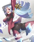  1girl absurdres ass ass_focus bangs belt blue_hair bodysuit breasts eyebrows_visible_through_hair gloves highres ice kula_diamond long_hair looking_at_viewer medium_breasts qome simple_background smile the_king_of_fighters violet_eyes white_background zipper 