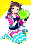  1girl :d animal_ears black_hairband black_shirt blue_scrunchie brown_hair cat_ears collarbone fake_animal_ears full_body hair_ornament hair_scrunchie hairband headphones holding idolmaster idolmaster_million_live! idolmaster_million_live!_theater_days jacket kitazawa_shiho long_hair looking_at_viewer open_clothes open_jacket open_mouth pink_sleeves scrunchie shiny shiny_hair shirt short_shorts shorts sitting sketch smile solo striped striped_legwear thigh-highs touon twintails two-tone_background wariza white_background white_shorts yellow_background yellow_eyes yellow_scrunchie zettai_ryouiki 