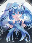  1girl absurdres blue_eyes blue_hair character_name crossed_fingers eun_yelim hair_ornament hatsune_miku highres long_hair looking_at_viewer nail_polish pale_skin shattered solo twintails vocaloid 